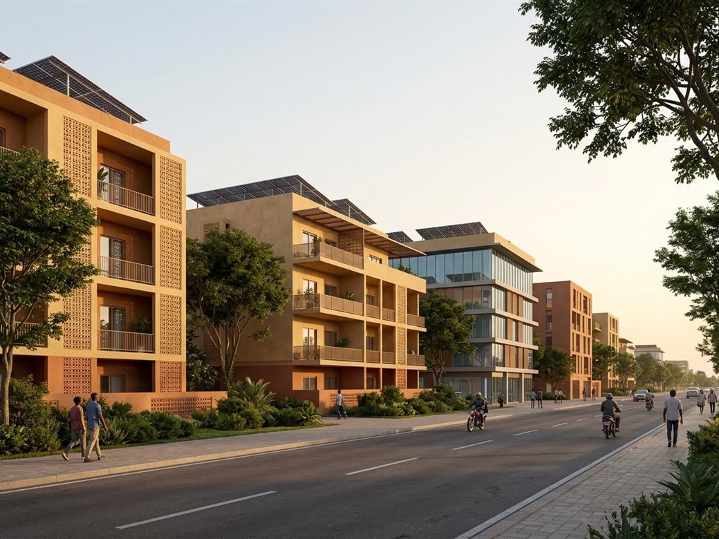 Vue d'artiste d'un quartier résidentiel à Ouagadougou : immeubles en claustras de terre cuite, panneaux solaires en toiture, avenue plantée